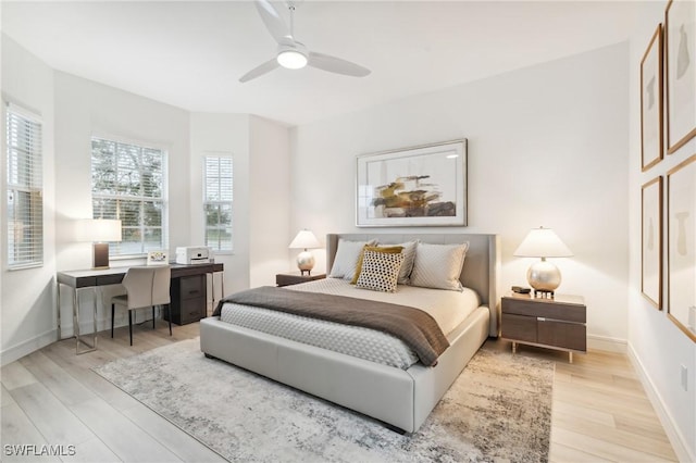 bedroom featuring ceiling fan and light wood-type flooring