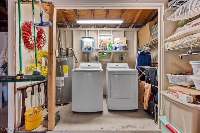 laundry area featuring electric water heater and washer and clothes dryer