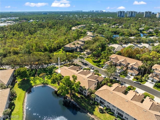 aerial view featuring a residential view and a water view