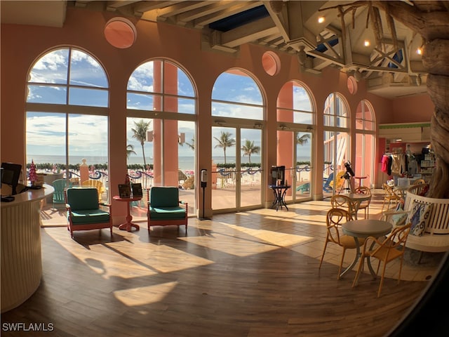 building lobby featuring a water view