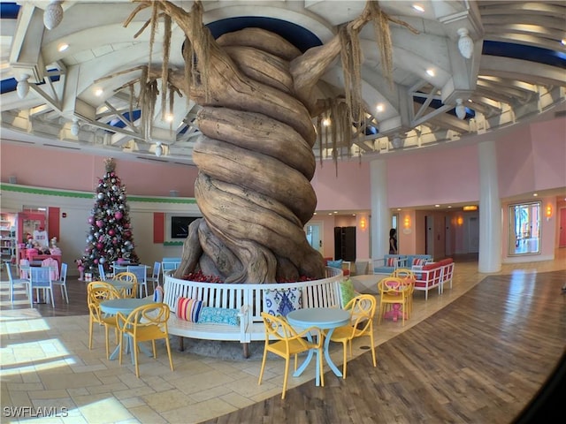 140 Estero Blvd Unit 2101, Fort Myers Beach, FL 33931 - common area with high vaulted ceiling and beamed ceiling