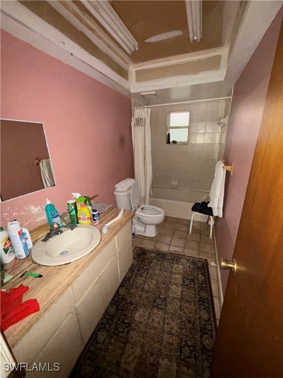 full bathroom with tile patterned floors, vanity, shower / tub combo, and toilet