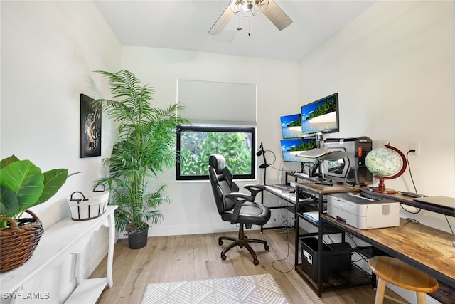 office space with baseboards, ceiling fan, and light wood finished floors