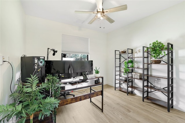 office space featuring light wood finished floors, ceiling fan, and baseboards