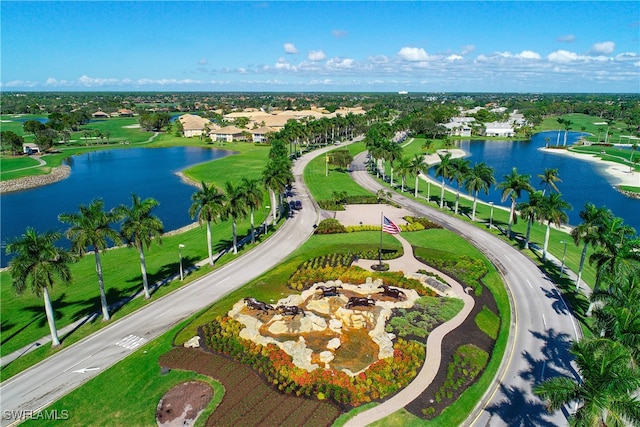 drone / aerial view featuring a water view