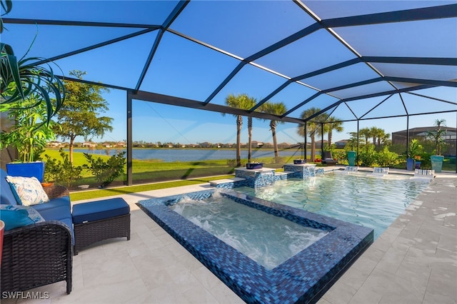 view of swimming pool with glass enclosure, an in ground hot tub, a water view, and a patio