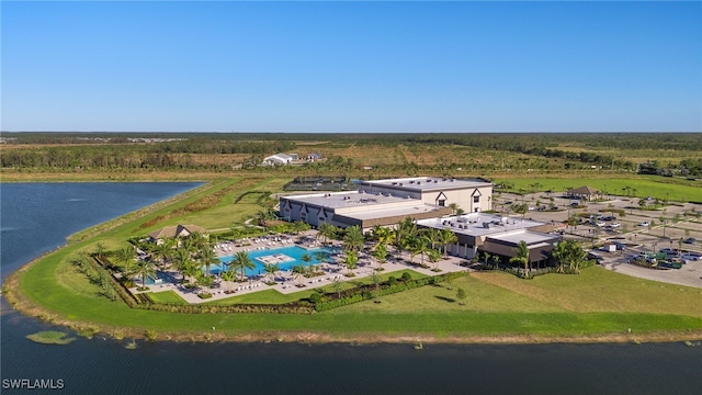 bird's eye view with a water view