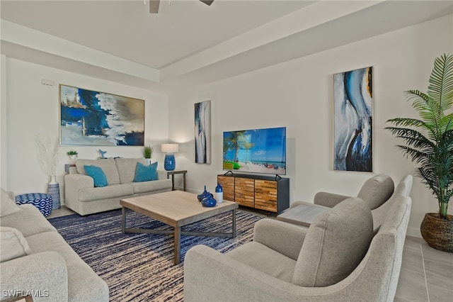 living room with tile patterned flooring