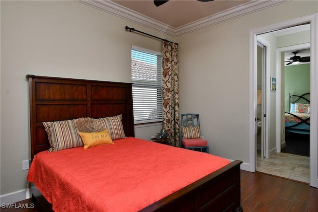 bedroom featuring ceiling fan, dark wood-type flooring, and ornamental molding