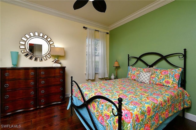 bedroom featuring ceiling fan, hardwood / wood-style floors, and ornamental molding