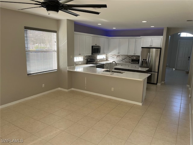 kitchen with backsplash, white cabinets, sink, kitchen peninsula, and stainless steel appliances