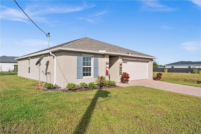 single story home featuring a front yard and a garage