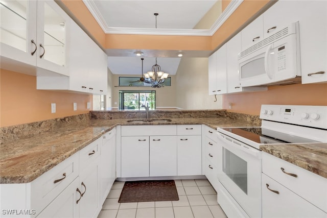 kitchen with sink, white cabinets, kitchen peninsula, and white appliances