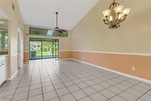 unfurnished living room featuring high vaulted ceiling, a notable chandelier, and light tile patterned flooring