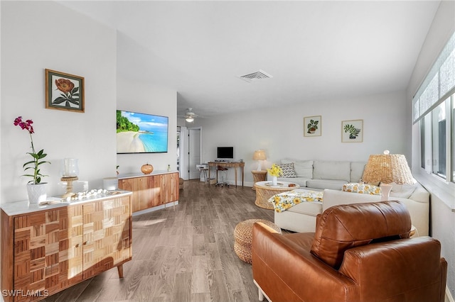 living room with ceiling fan and hardwood / wood-style flooring