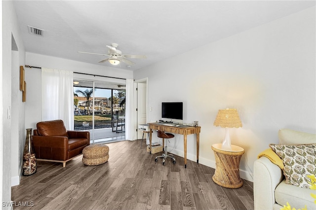 office featuring ceiling fan and wood-type flooring