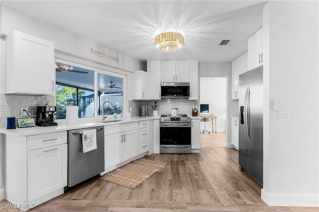 kitchen with white cabinetry, sink, stainless steel appliances, light hardwood / wood-style flooring, and backsplash