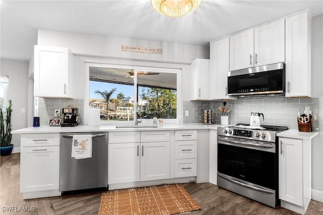 kitchen featuring stainless steel appliances, white cabinetry, dark hardwood / wood-style floors, and sink