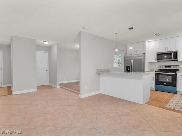 kitchen featuring pendant lighting, white cabinets, light stone countertops, kitchen peninsula, and stainless steel appliances