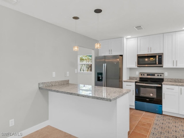 kitchen featuring white cabinets, pendant lighting, kitchen peninsula, and stainless steel appliances