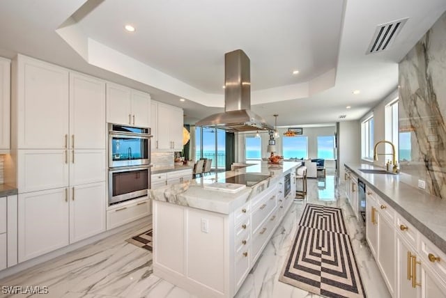 kitchen featuring a large island, sink, island exhaust hood, a tray ceiling, and appliances with stainless steel finishes