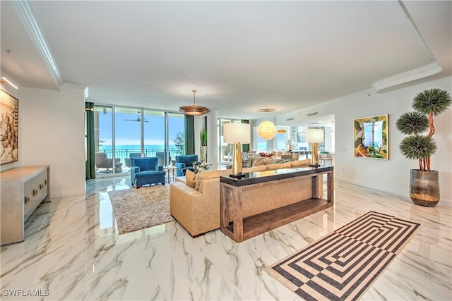 living room with floor to ceiling windows, a wealth of natural light, and ornamental molding