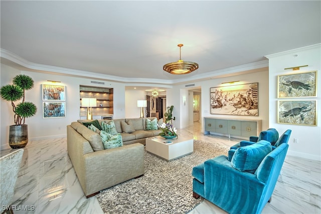 living room with crown molding