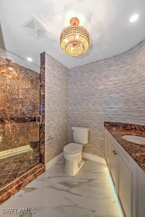 bathroom with a shower, vanity, and toilet