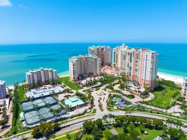 bird's eye view with a water view and a view of the beach