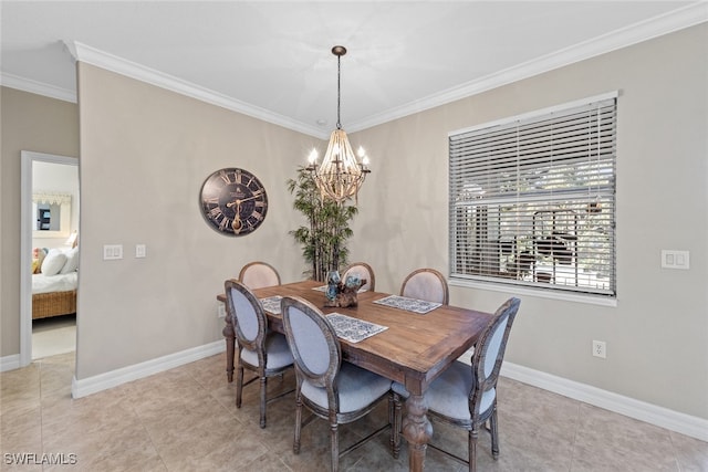 tiled dining room with crown molding and a notable chandelier