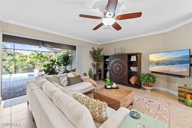 tiled living room featuring crown molding