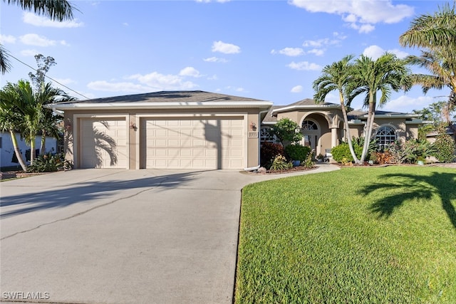 ranch-style house with a garage and a front yard