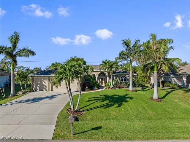 view of front of house with a garage and a front lawn