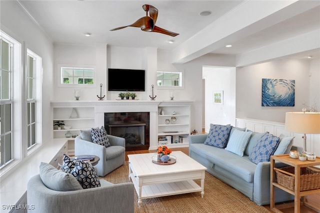 living room featuring ceiling fan