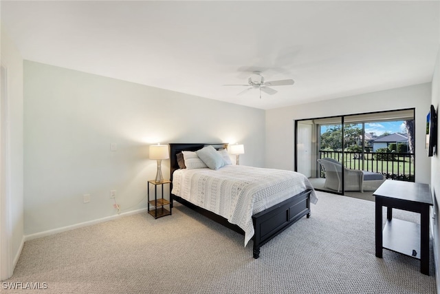 bedroom with access to exterior, light colored carpet, and ceiling fan