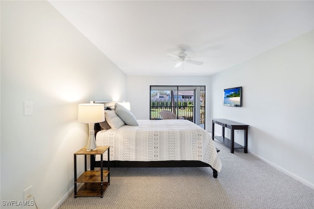 bedroom with carpet, ceiling fan, and access to outside