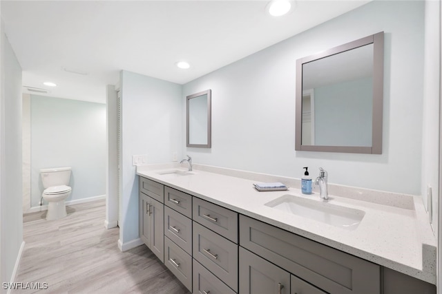 bathroom featuring toilet, vanity, and hardwood / wood-style flooring