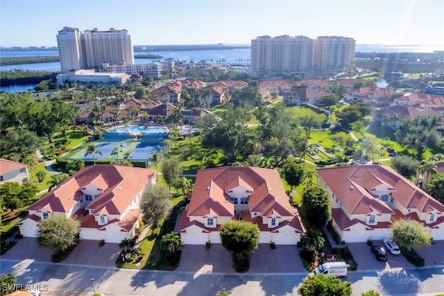 drone / aerial view featuring a water view