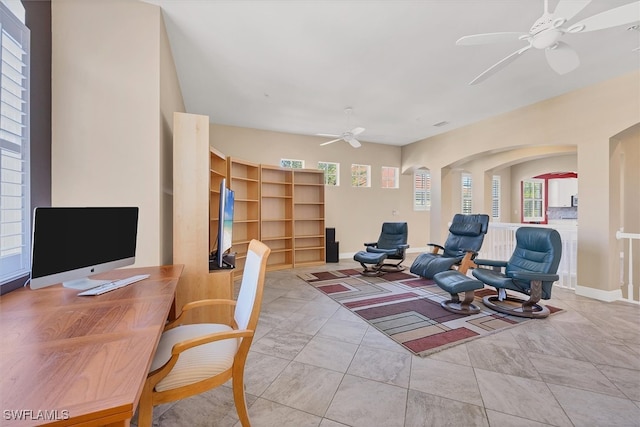 tiled office with ceiling fan