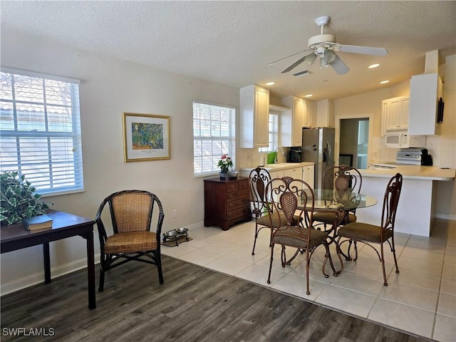 dining space featuring plenty of natural light, a textured ceiling, and light wood-type flooring