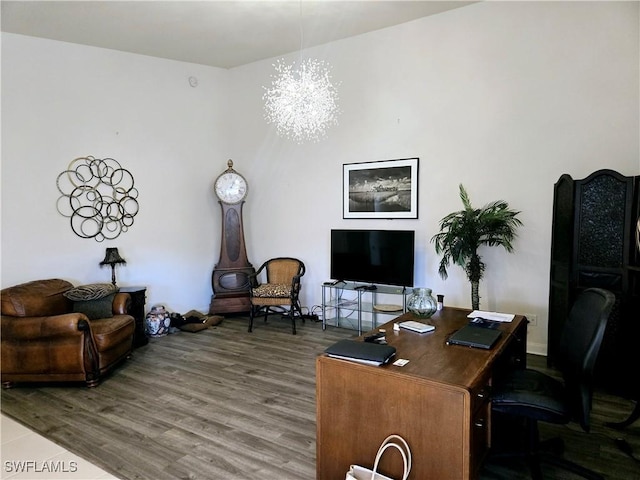 office featuring hardwood / wood-style floors and a notable chandelier