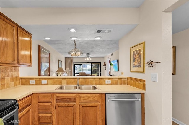 kitchen with sink, ceiling fan, appliances with stainless steel finishes, backsplash, and kitchen peninsula