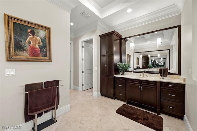 bathroom with ornamental molding, tile patterned flooring, and vanity