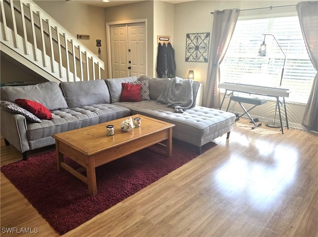 living room with wood-type flooring and a healthy amount of sunlight