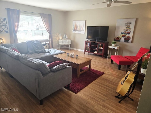 living room with ceiling fan and wood-type flooring