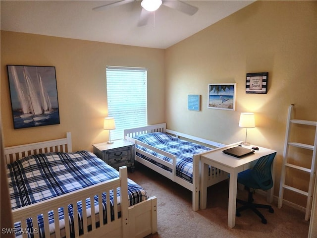 bedroom with ceiling fan and carpet