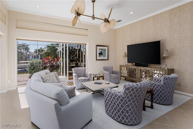 tiled living room featuring ornamental molding and a notable chandelier