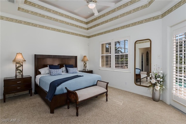 bedroom with carpet flooring, multiple windows, ceiling fan, and ornamental molding