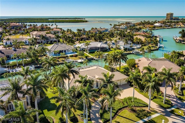 drone / aerial view featuring a water view