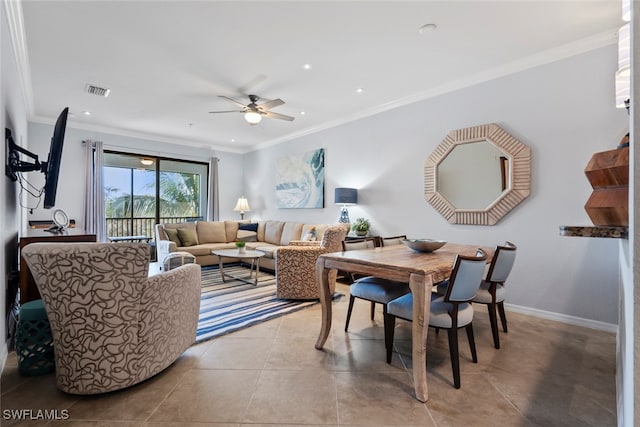 tiled living room featuring ceiling fan and crown molding